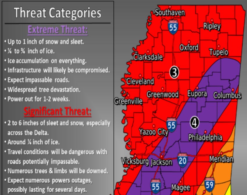Snow accumulations of up to six inches and ice accumulations up to one-half-inch are possible in parts of Neshoba County before Tuesday afternoon, officials said Sunday afternoon as a winter storm warning remains in effect.